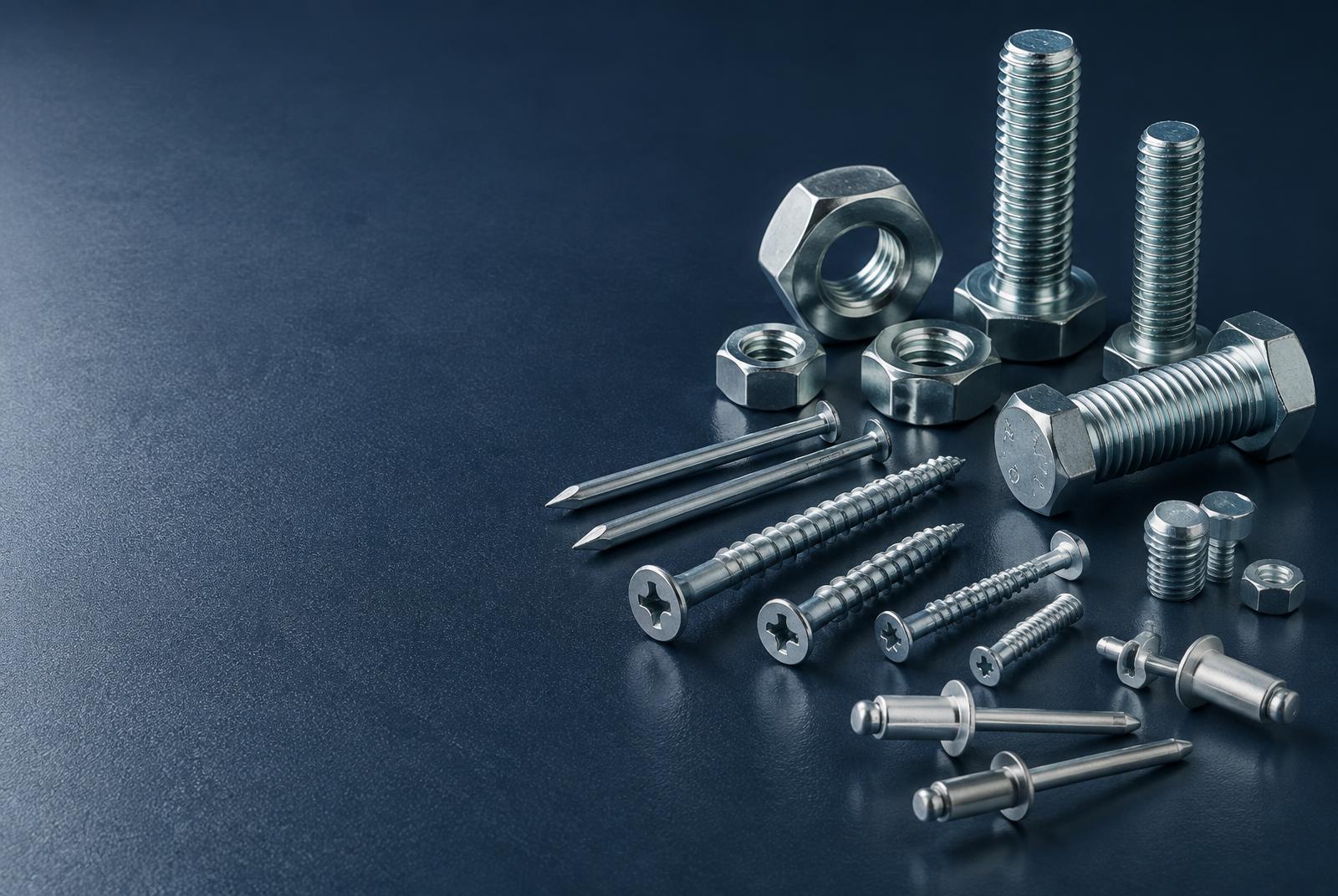 Representative assortment of iron nails, screws, nuts, bolts and rivets
